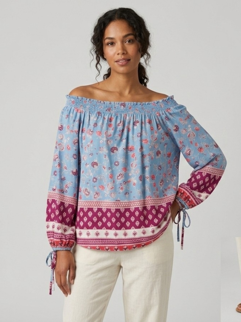 beachlunchlounge Blue and Magenta Floral Off-Shoulder Blouse